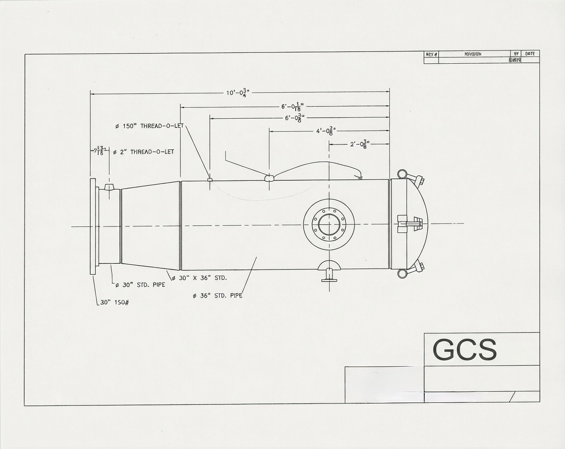 Pig launcher engineering drawing: 30 inch by 36 inch standard pipe vessel with 150# flange and 2 inch thread-o-lets
